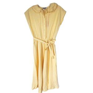 Vintage Sunshine Alley Yellow Midi Shirt Dress Pastel Retro 70s 80s Belted Sz S